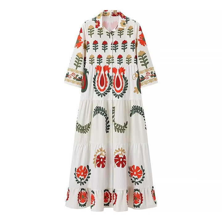Damer Boho-inspirerat maxiklänning med blommönster och snyggt krage Mirla-Eva Jonsson