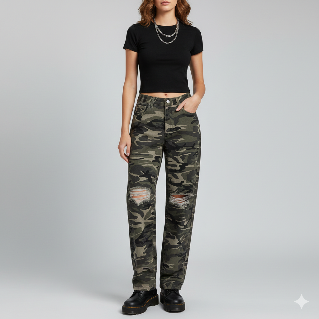 Damer Cargo Jeans i trendig Camouflage-design med Ripped-detaljer Eva Jonsson-Eva Jonsson