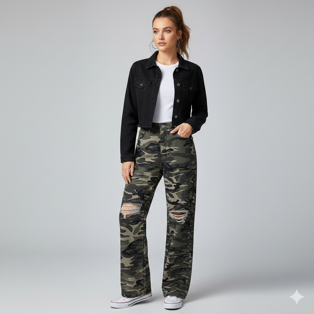 Damer Cargo Jeans i trendig Camouflage-design med Ripped-detaljer Eva Jonsson-Eva Jonsson