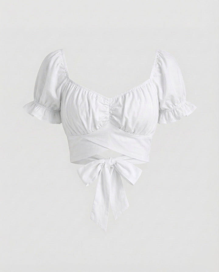 Damer Carmen-top puffärm baksløjfe-Eva Jonsson