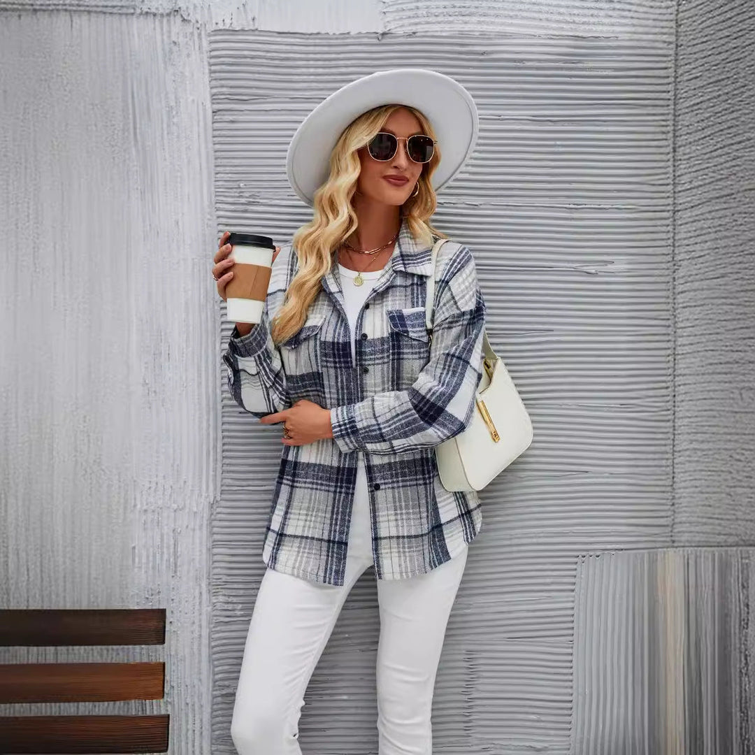 Damer Casual Flanellskjortjacka med Rutigt Mönster och Praktiska Bröstfickor Mirla-Eva Jonsson