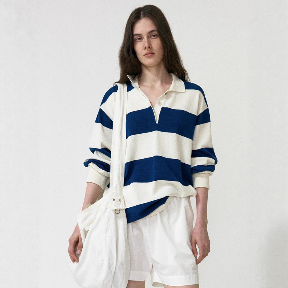 Damer Casual Polo Skjorta med Randig Design och Lång Ärme Mirla-Eva Jonsson