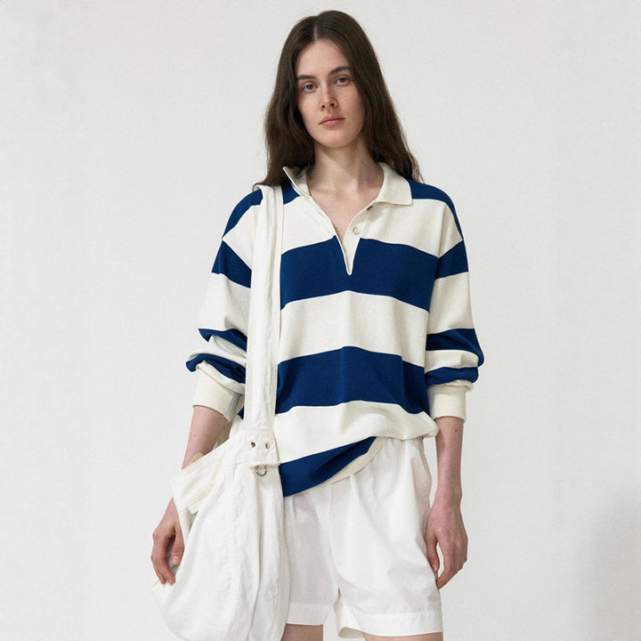 Damer Casual Polo Skjorta med Randig Design och Lång Ärme Mirla-Eva Jonsson