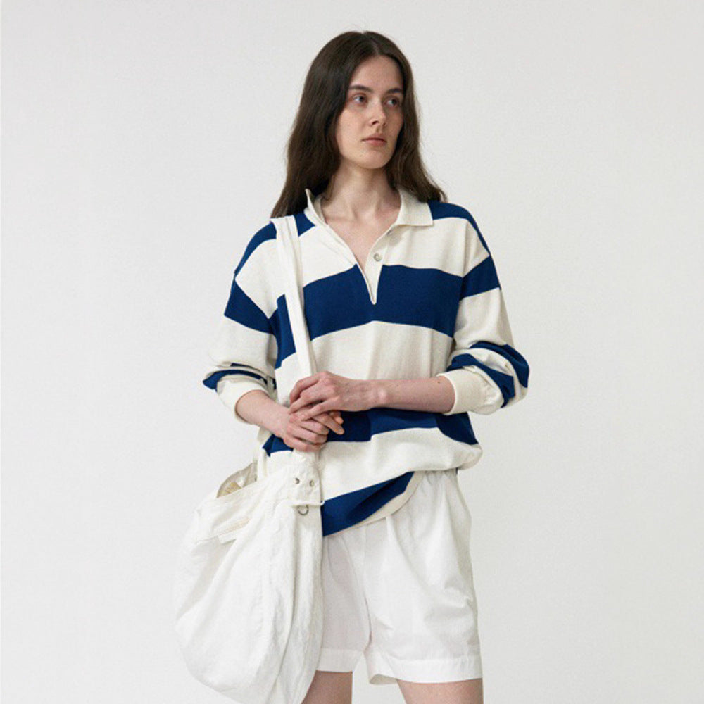 Damer Casual Polo Skjorta med Randig Design och Lång Ärme Mirla-Eva Jonsson