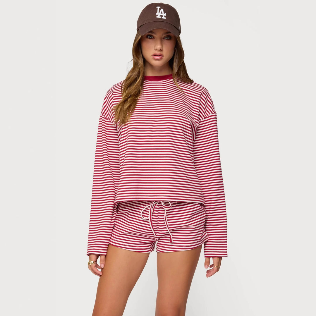 Damer Casual Randigt Loungewear-set med långärmad topp och korta byxor Mirla-Eva Jonsson
