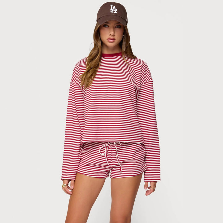 Damer Casual Randigt Loungewear-set med långärmad topp och korta byxor Mirla-Eva Jonsson