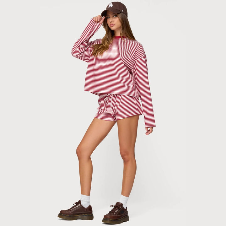 Damer Casual Randigt Loungewear-set med långärmad topp och korta byxor Mirla-Eva Jonsson