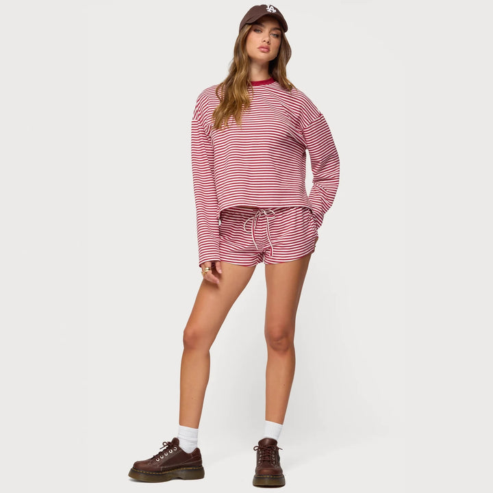 Damer Casual Randigt Loungewear-set med långärmad topp och korta byxor Mirla-Eva Jonsson