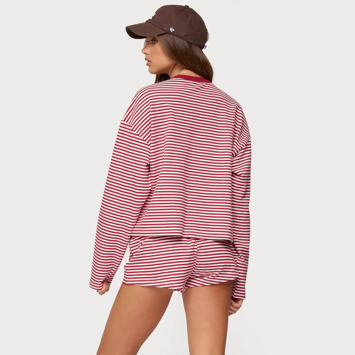 Damer Casual Randigt Loungewear-set med långärmad topp och korta byxor Mirla-Eva Jonsson