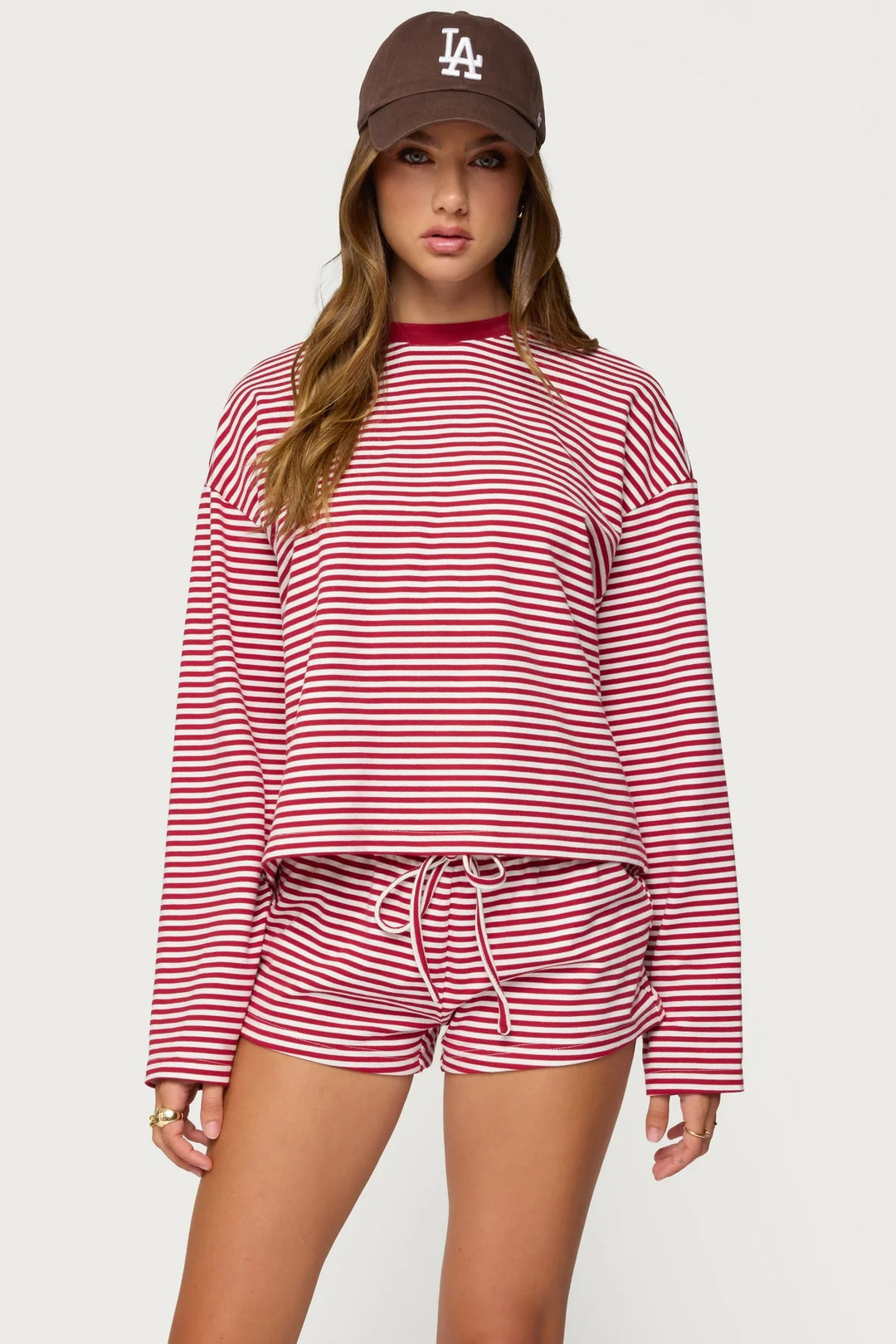 Damer Casual Randigt Loungewear-set med långärmad topp och korta byxor Mirla-Eva Jonsson