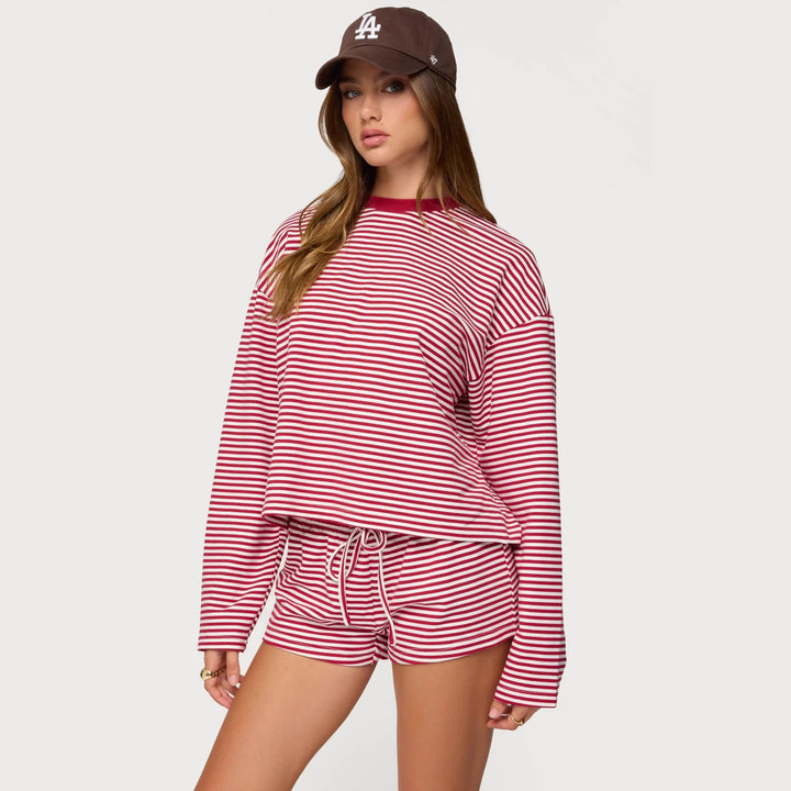 Damer Casual Randigt Loungewear-set med långärmad topp och korta byxor Mirla-Eva Jonsson