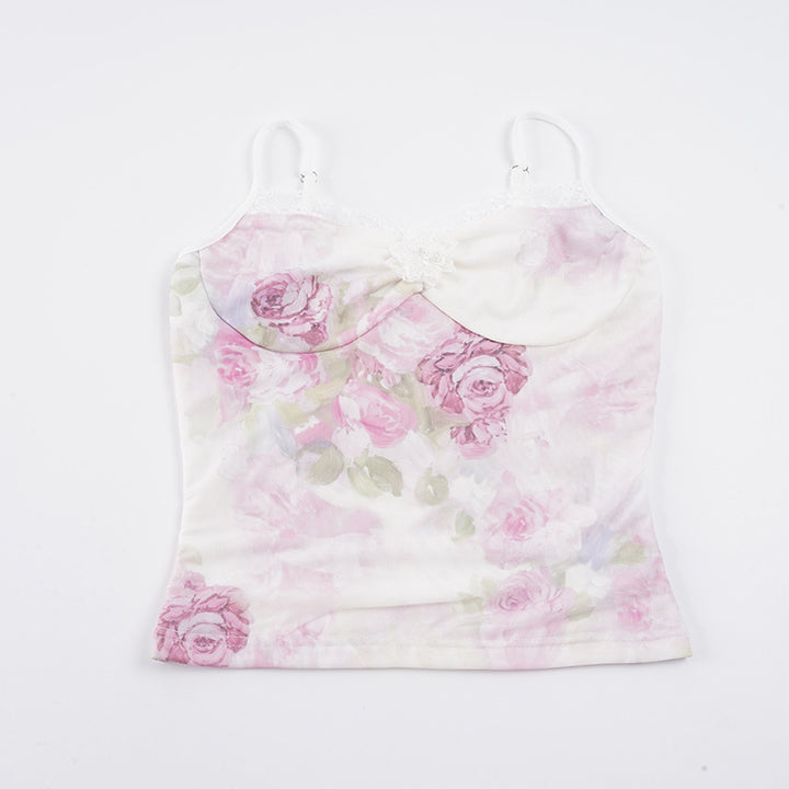Damer Charmig Spaghetti-axel topp med blommönster och spetsaccent Mirla-Eva Jonsson