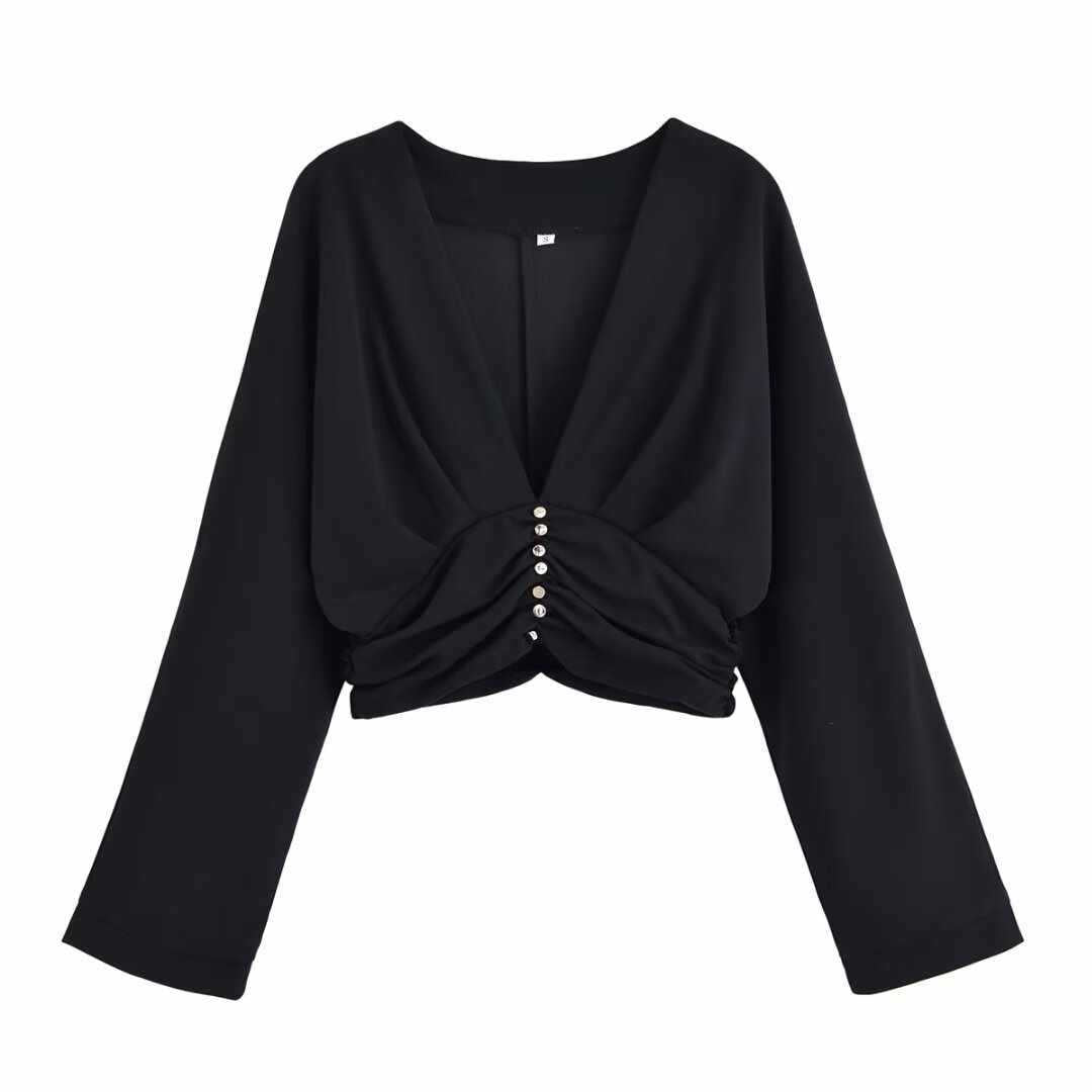 Damer Chic Cropped Pullover med rynkning och knapppdetaljer Mirla-Eva Jonsson