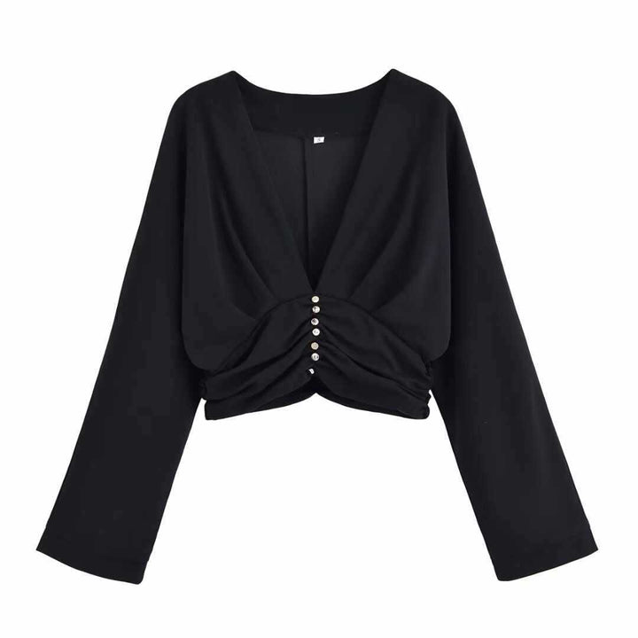 Damer Chic Cropped Pullover med rynkning och knapppdetaljer Mirla-Eva Jonsson