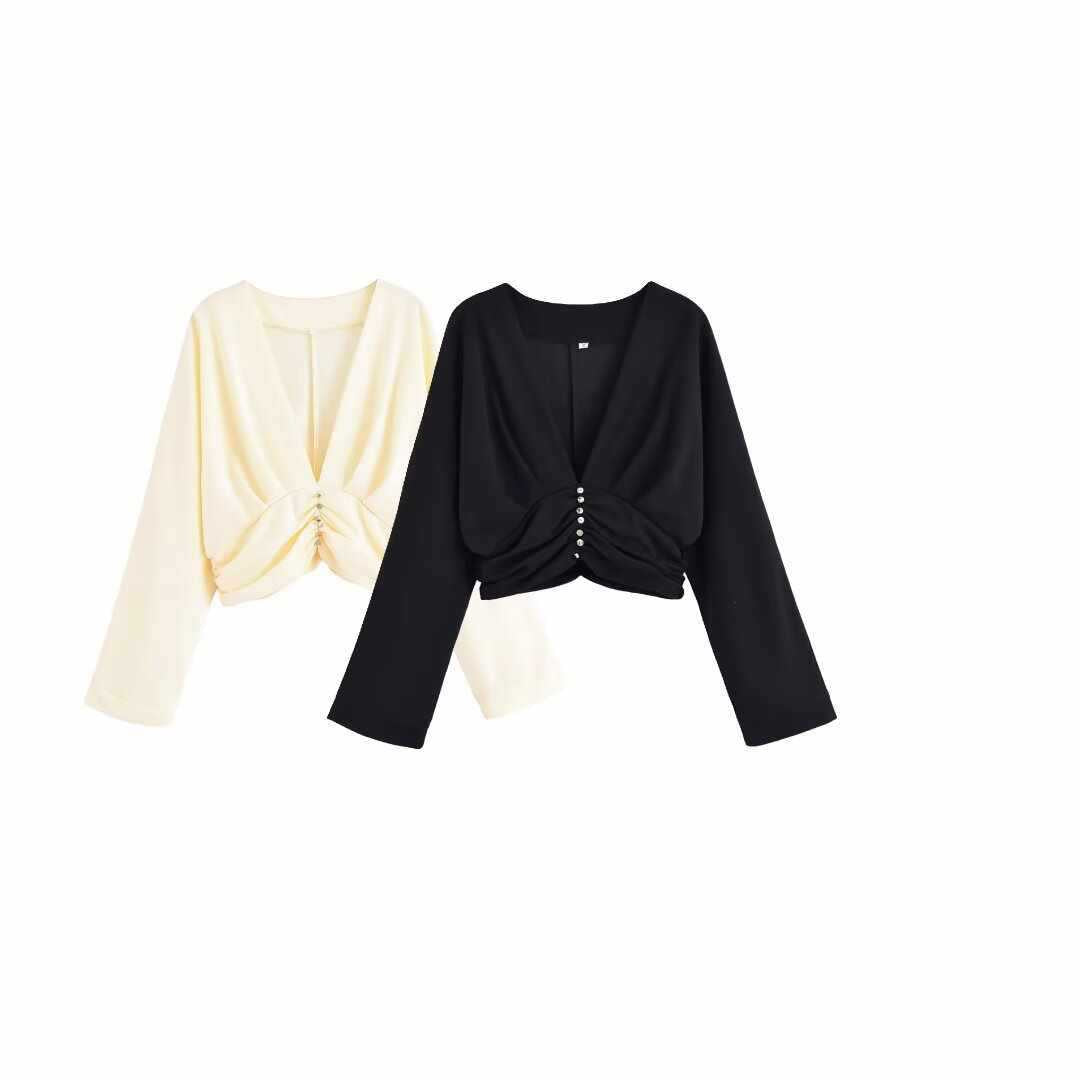 Damer Chic Cropped Pullover med rynkning och knapppdetaljer Mirla-Eva Jonsson