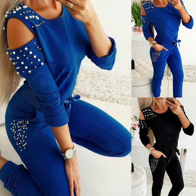 Damer Cold-Shoulder Pärlprydd Träningsdräkt Set Eva Jonsson-Eva Jonsson