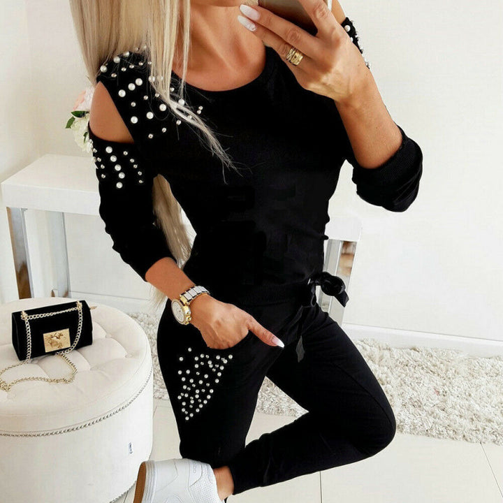 Damer Cold-Shoulder Pärlprydd Träningsdräkt Set Eva Jonsson-Eva Jonsson
