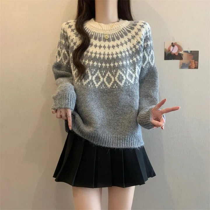 Damer Cozy Knit Tröja med Nordiskt Mönster Mirla-Eva Jonsson