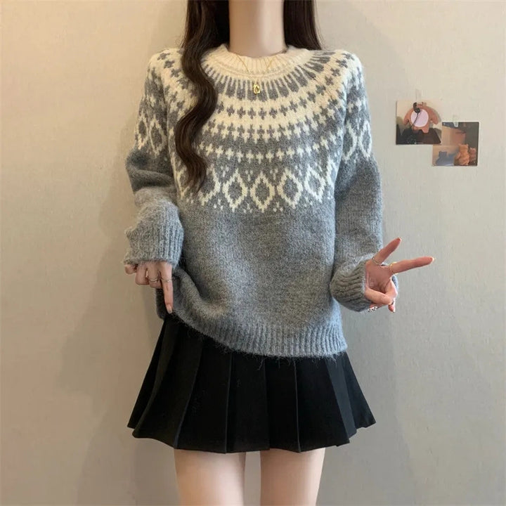 Damer Cozy Knit Tröja med Nordiskt Mönster Mirla-Eva Jonsson