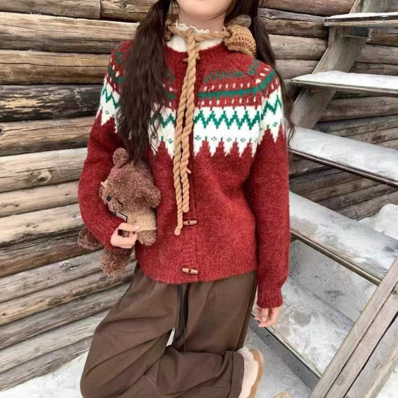 Damer Cozy Knit Tröja med Traditionellt Norskt Mönster och Huva Mirla-Eva Jonsson
