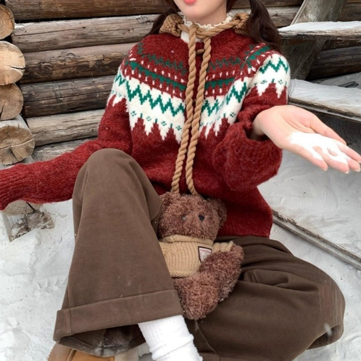 Damer Cozy Knit Tröja med Traditionellt Norskt Mönster och Huva Mirla-Eva Jonsson