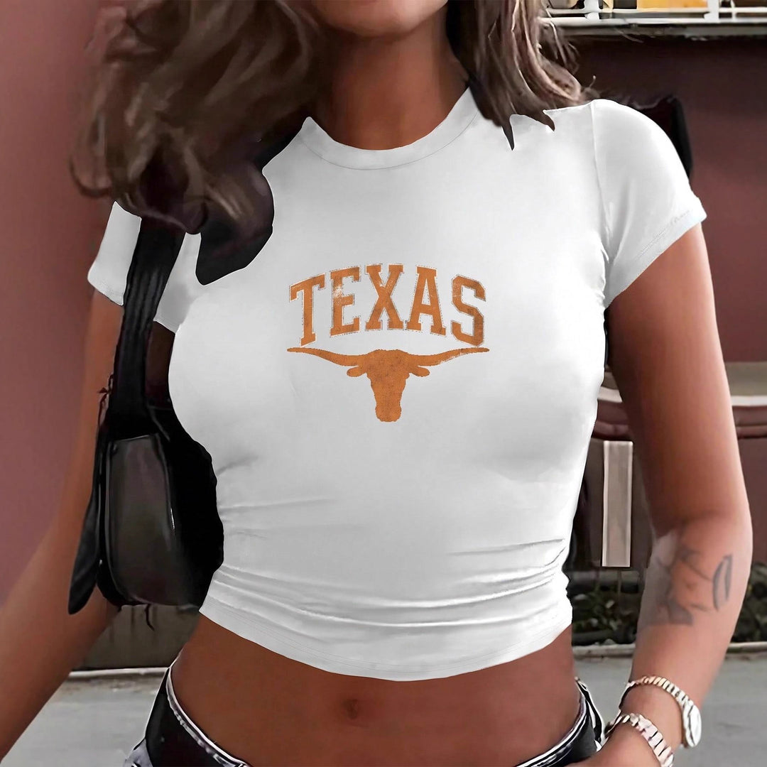 Damer Crop-T-Shirt med kreativ Texas-design och figurnära snitt Mirla-Eva Jonsson