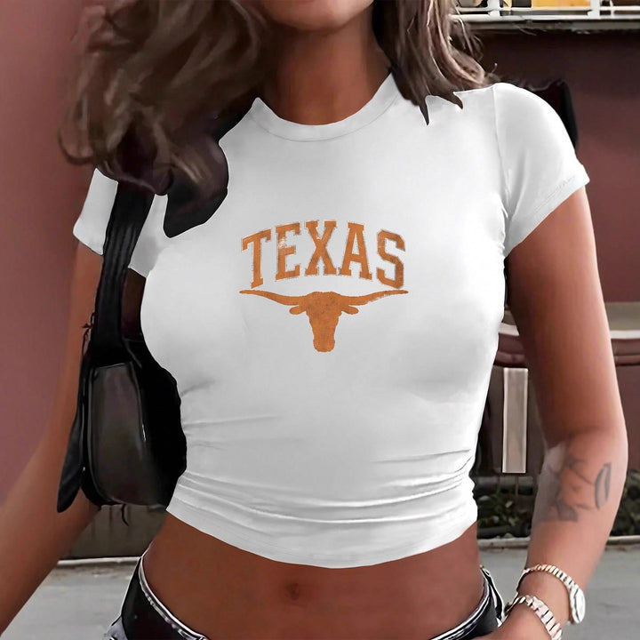Damer Crop-T-Shirt med kreativ Texas-design och figurnära snitt Mirla-Eva Jonsson