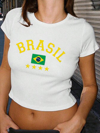 Damer Crop-T-Shirt med kreativ grafiktryck och stilig skrift Mirla-Eva Jonsson