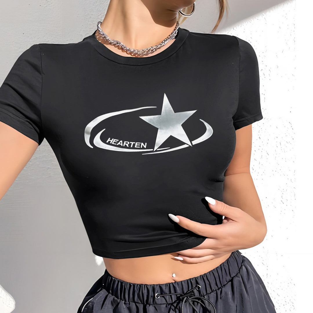 Damer Crop-T-shirt med glänsande stjärnmotiv och figuranpassad skärning Mirla-Eva Jonsson