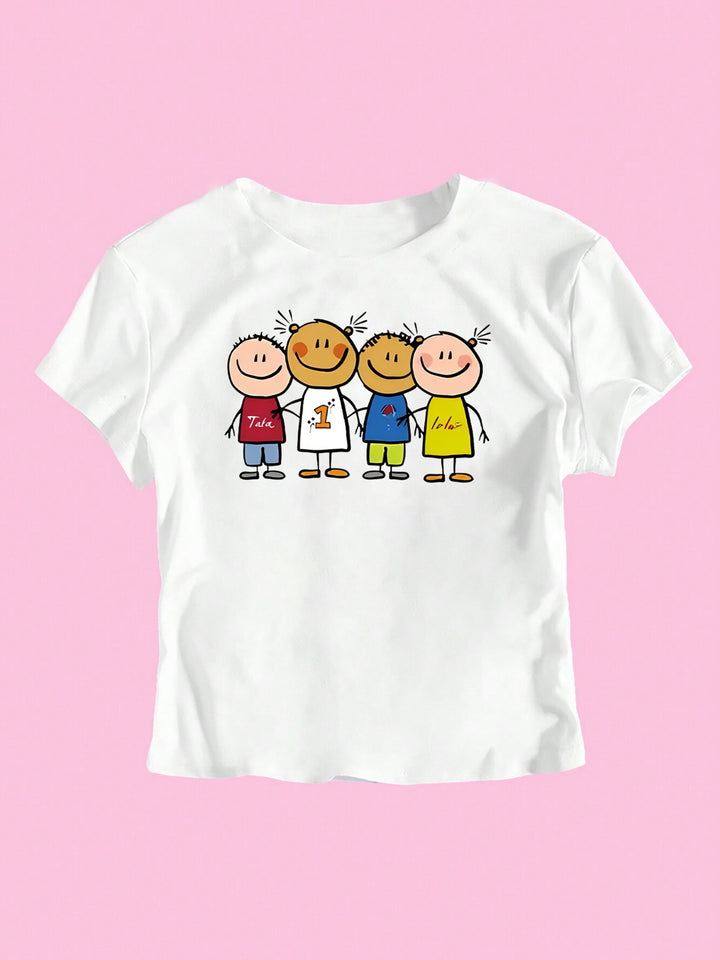 Damer Crop-T-shirt med kreativt barnteckningsmönster Mirla-Eva Jonsson