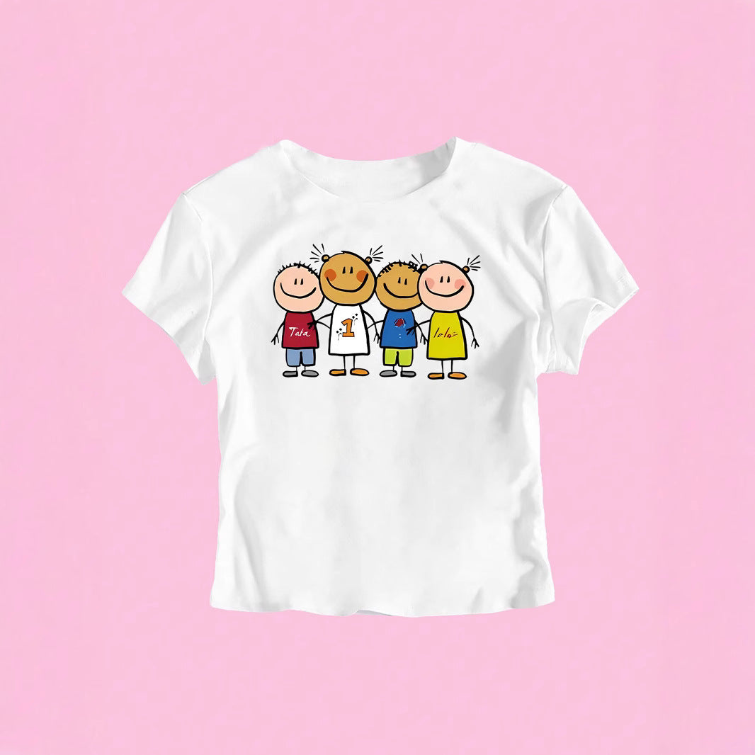 Damer Crop-T-shirt med kreativt barnteckningsmönster Mirla-Eva Jonsson