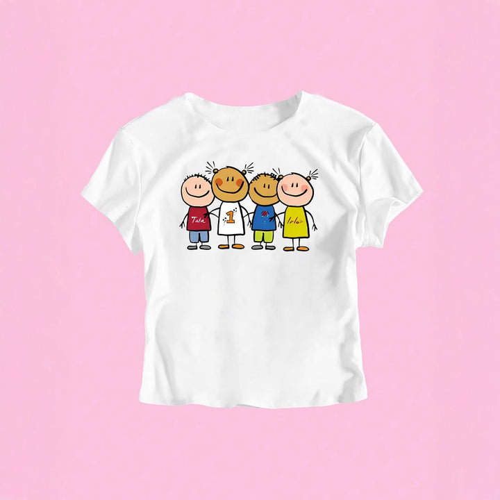 Damer Crop-T-shirt med kreativt barnteckningsmönster Mirla-Eva Jonsson