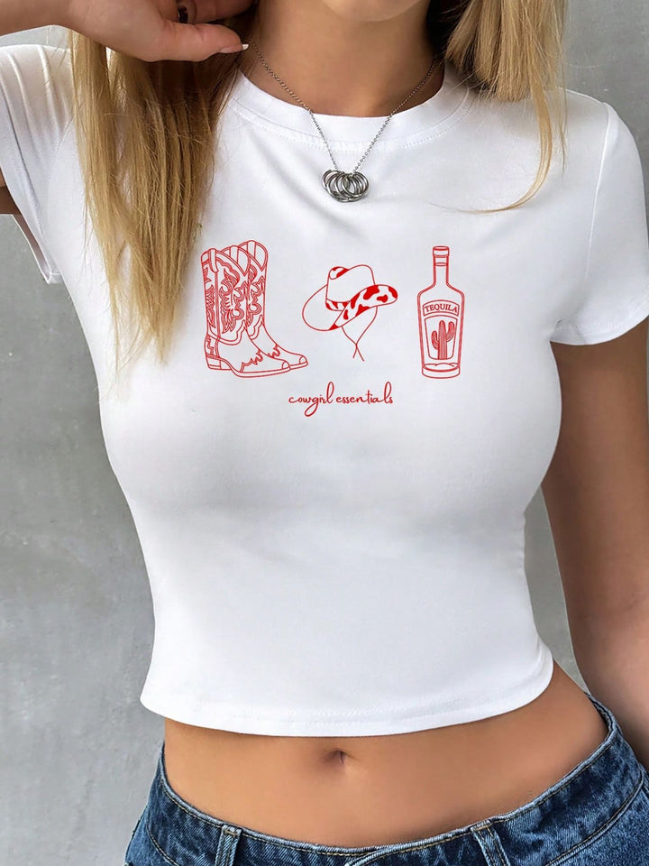 Damer Crop-T-shirt med kreativt cowboydesign Mirla-Eva Jonsson