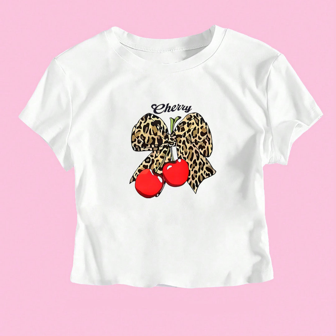 Damer Crop-T-shirt med lekfullt leopard-selve-motiv och fruktig tryck Mirla-Eva Jonsson