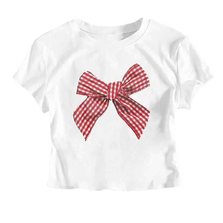 Damer Crop-T-shirt med lekfullt rutigt bandmotiv och avslappnad skärning Mirla-Eva Jonsson