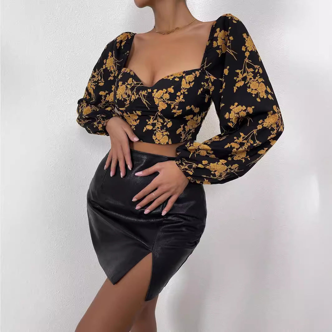 Damer Crop Top med blommönster och eleganta puffärmar Mirla-Eva Jonsson
