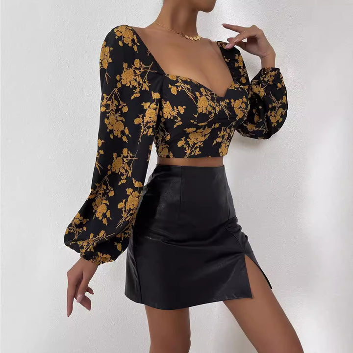Damer Crop Top med blommönster och eleganta puffärmar Mirla-Eva Jonsson