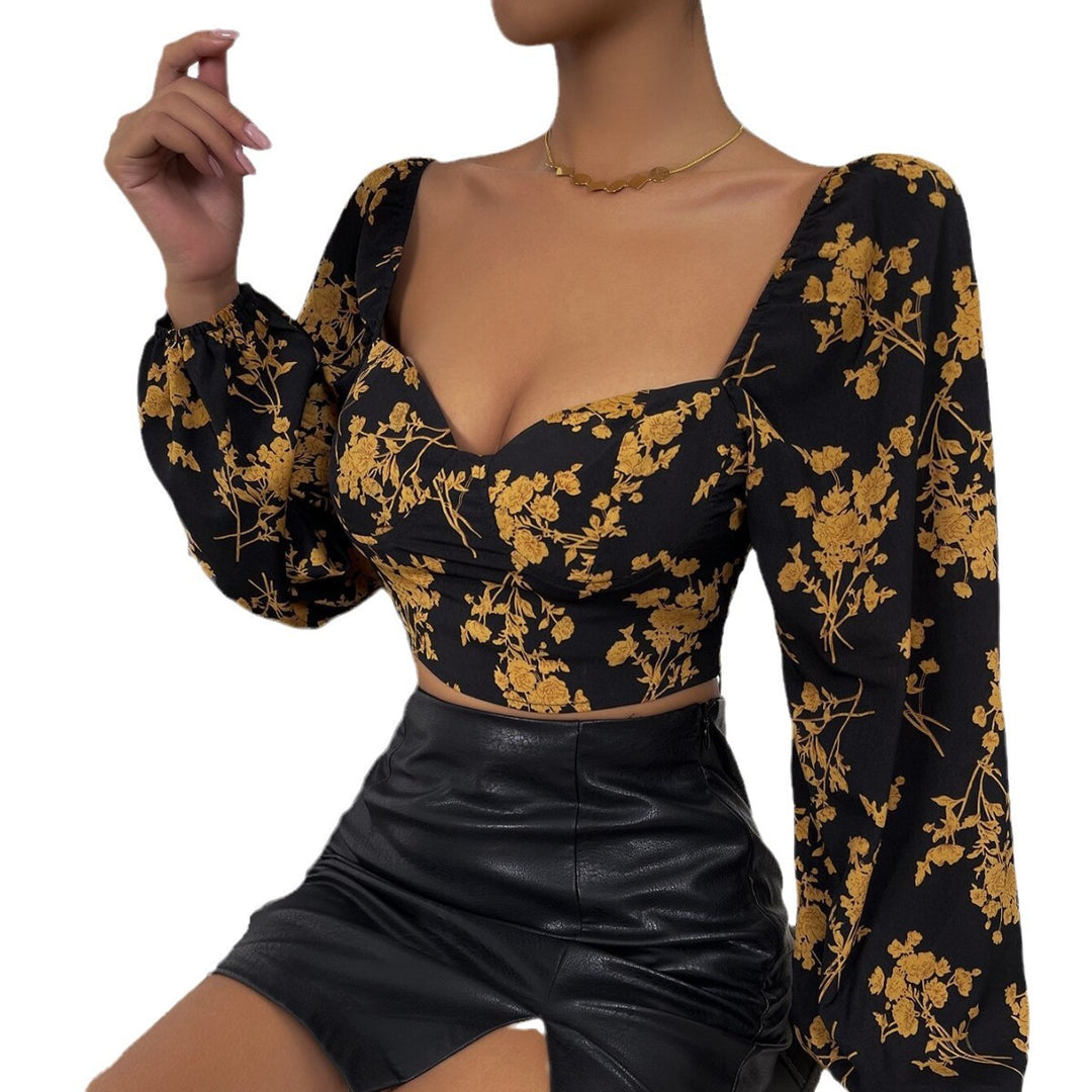 Damer Crop Top med blommönster och eleganta puffärmar Mirla-Eva Jonsson