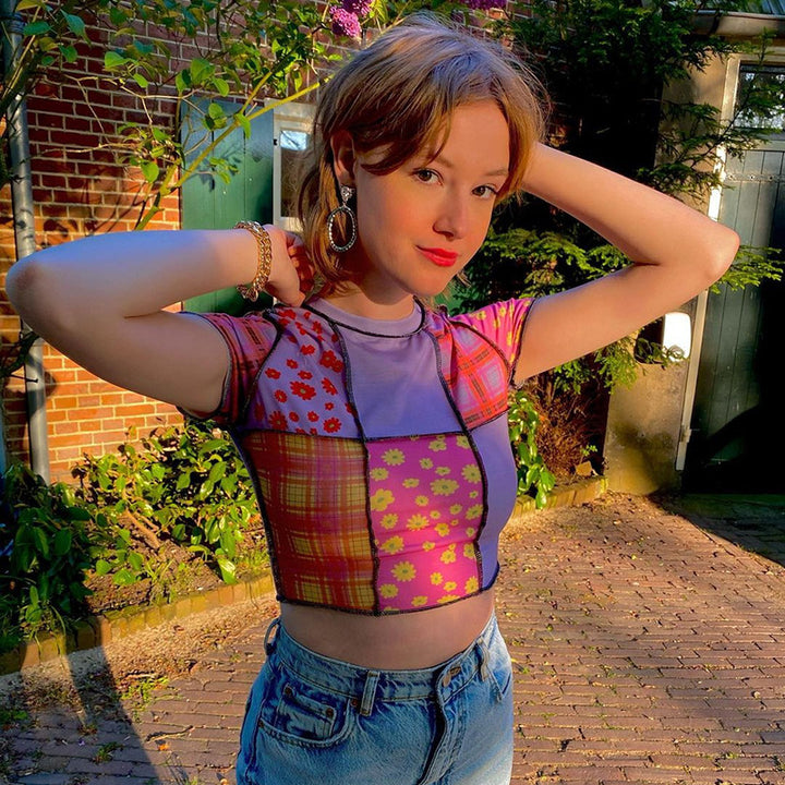 Damer Crop-Top med färgglad patchwork-mönster Eva Jonsson-Eva Jonsson