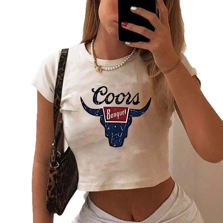Damer Crop-Top med kreativt nötkreaturmotiv och figursydd passform Mirla-Eva Jonsson