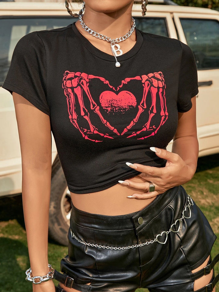 Damer Crop-Top med kreativt skelett-handmotiv Mirla-Eva Jonsson