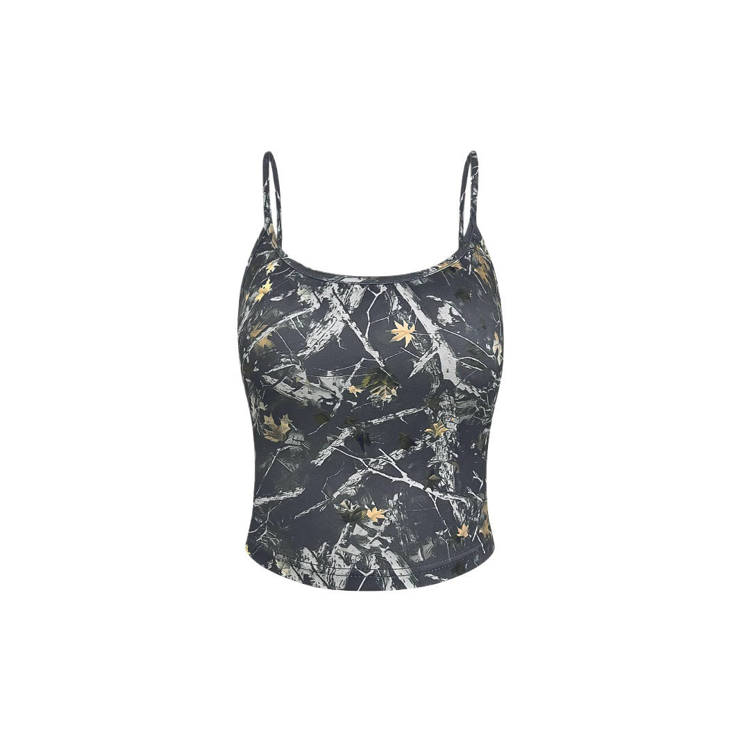 Damer Crop Top med modernt kamouflage-mönster och fina spaghetti-bärande Eva Jonsson-Eva Jonsson