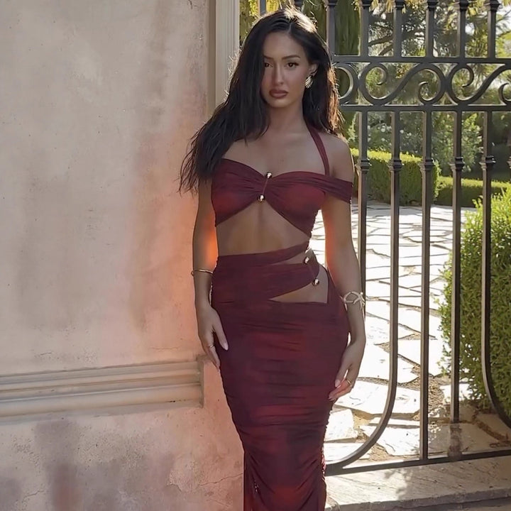 Damer Crop-Top och Maxi-Kjol Set med raffinert Volangdesign Mirla-Eva Jonsson