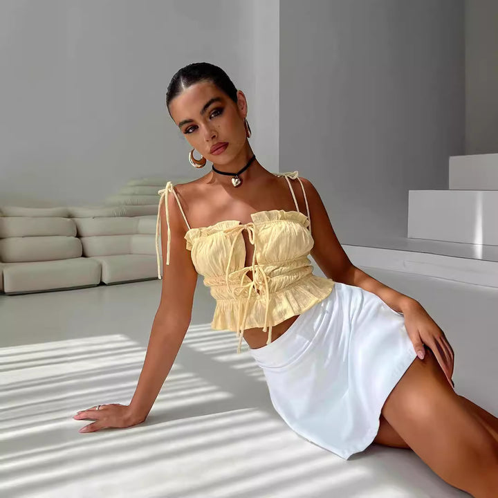 Damer Crop-top med dekorativ snörning och volangdetaljer Mirla-Eva Jonsson