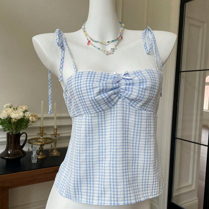 Damer Crop-top med lekfullt knutna band och rutig mönster Mirla-Eva Jonsson