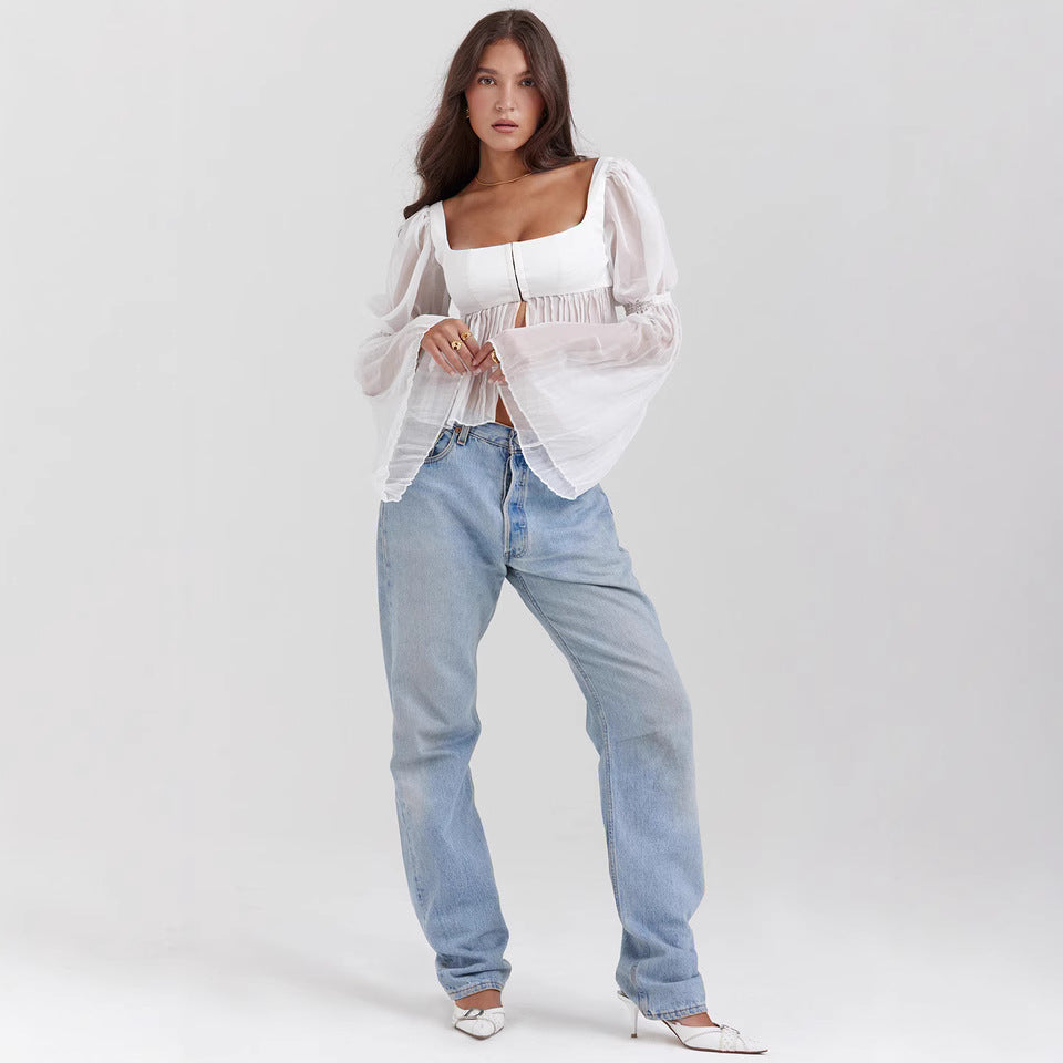 Damer Cropped Blus med Puffärmar Mirla-Eva Jonsson