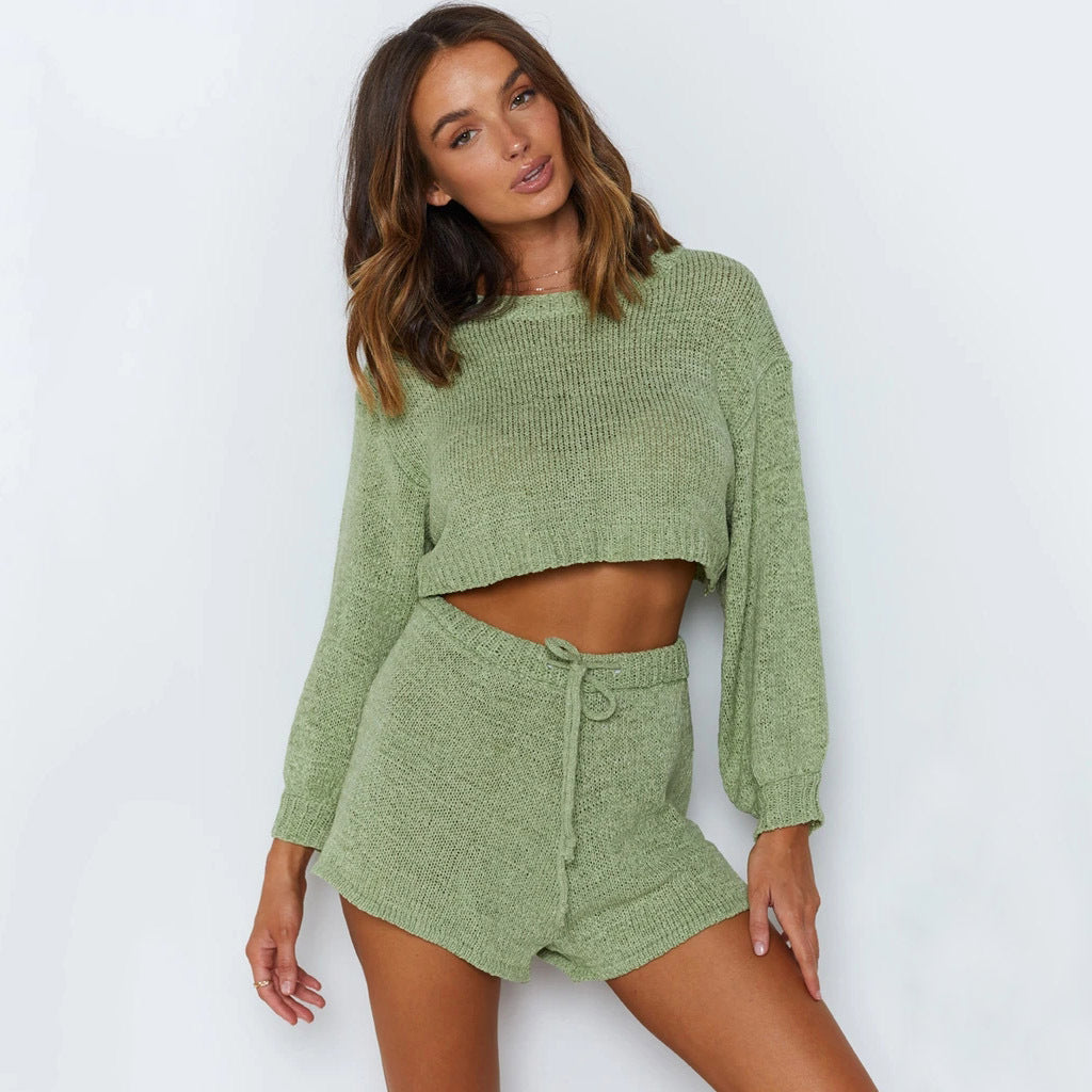 Damer Cropped Knit Suit med Lösa Shorts och Eleganta Ärmar Mirla-Eva Jonsson
