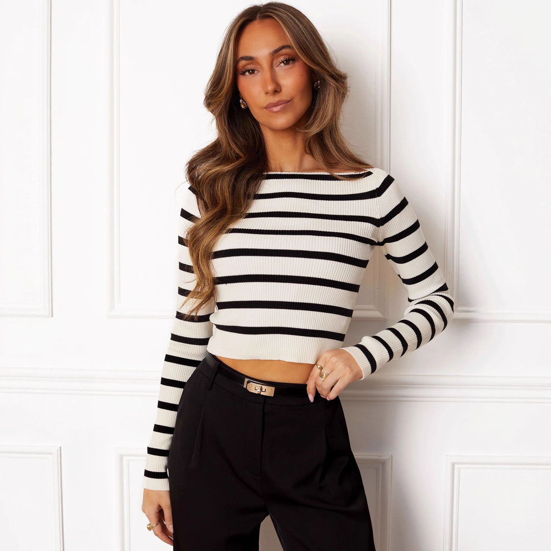 Damer Cropped Långärmad tröja med randigt mönster och mjukt ribbat design Mirla-Eva Jonsson