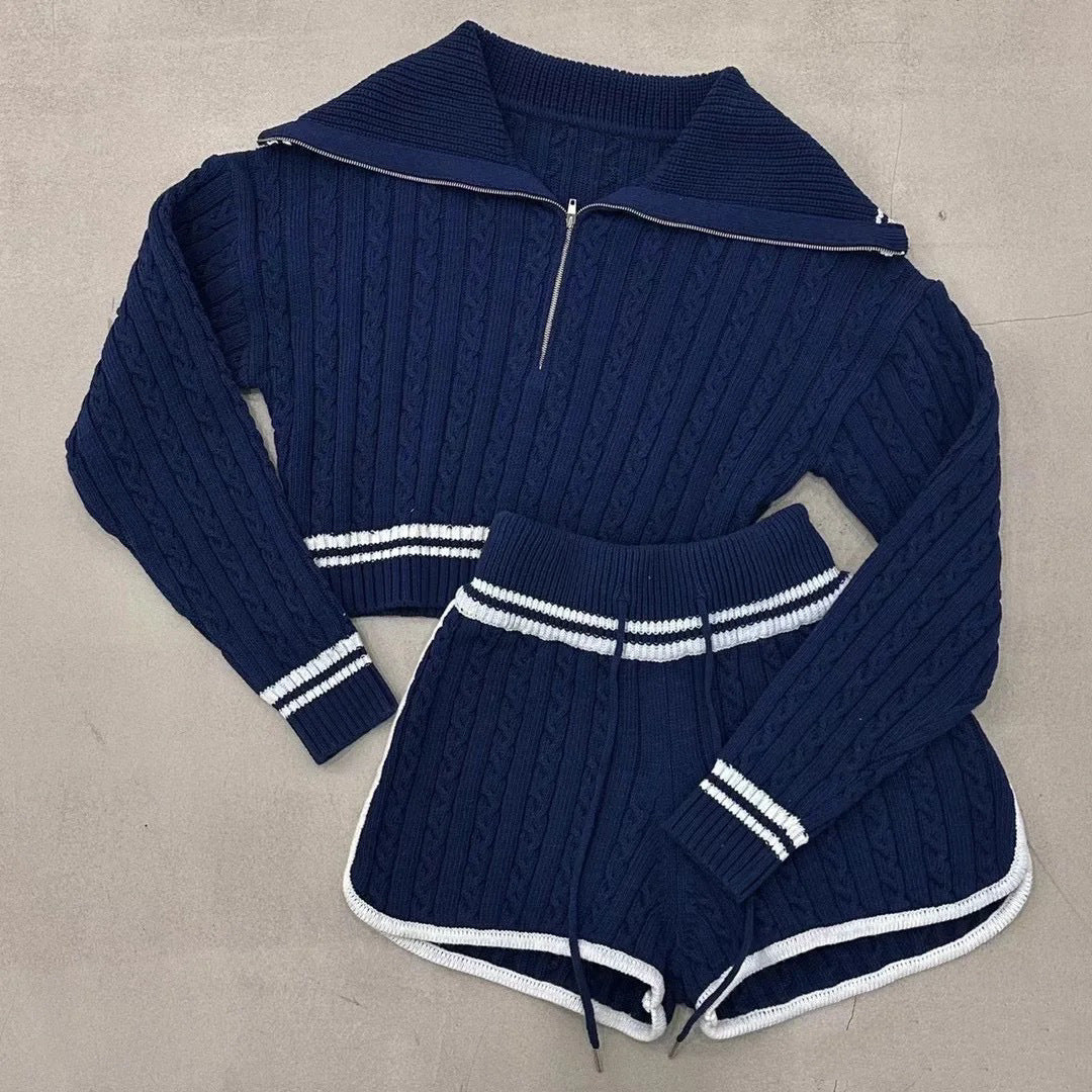 Damer Cropped Stickad Tröja med Hög Krage och Shorts i Set Eva Jonsson-Eva Jonsson