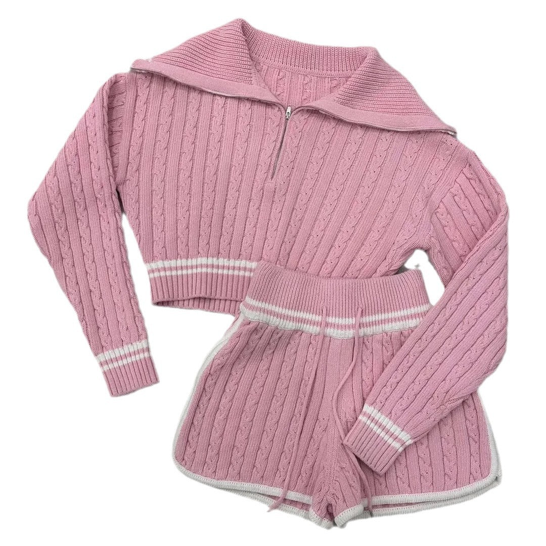 Damer Cropped Stickad Tröja med Hög Krage och Shorts i Set Eva Jonsson-Eva Jonsson
